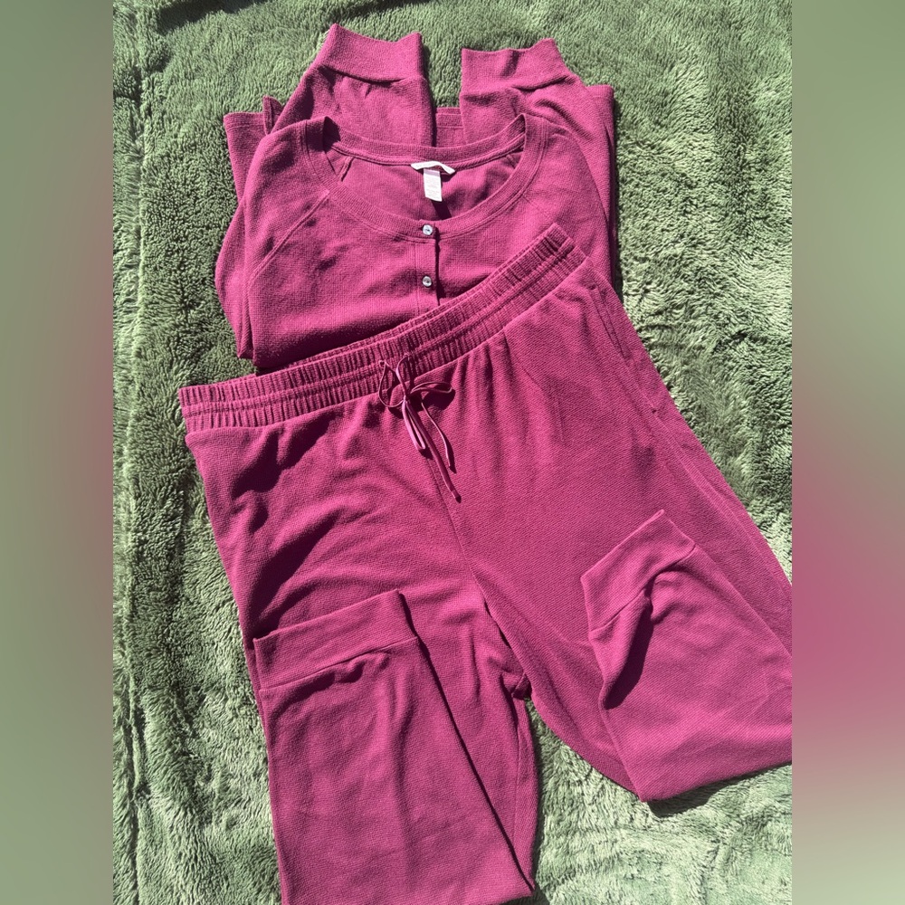 Victorias Secret Henley Jogger Pant PJ SET Glow Waffle Knit Maroon XXL